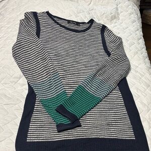 NIC+ZOE Navy Striped Crewneck Sweater with Green Gradient Sleeves